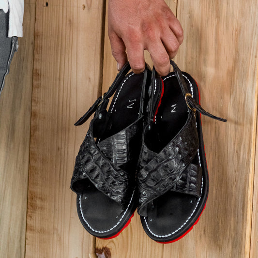 Black Crocodile-embossed Leather Cross Strap Red-soled Sandals