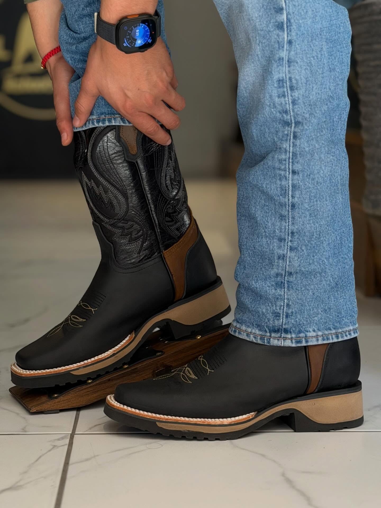 Mens Western Rodeo Cowboy Genuine Leather Square Toe Boots