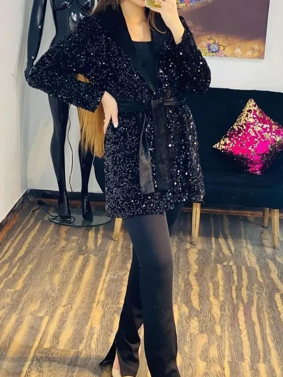 Hoodied Sequin Lace Up Coat