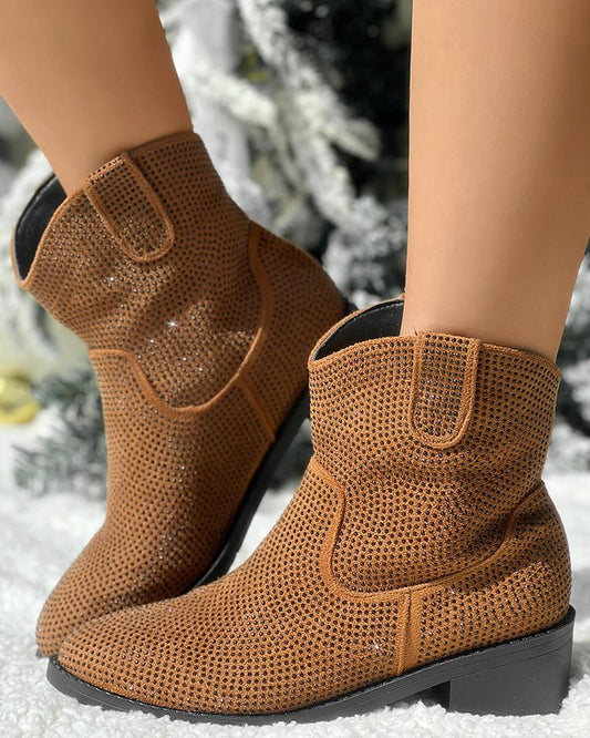 Rhinestone Chunky Heel Ankle Boots