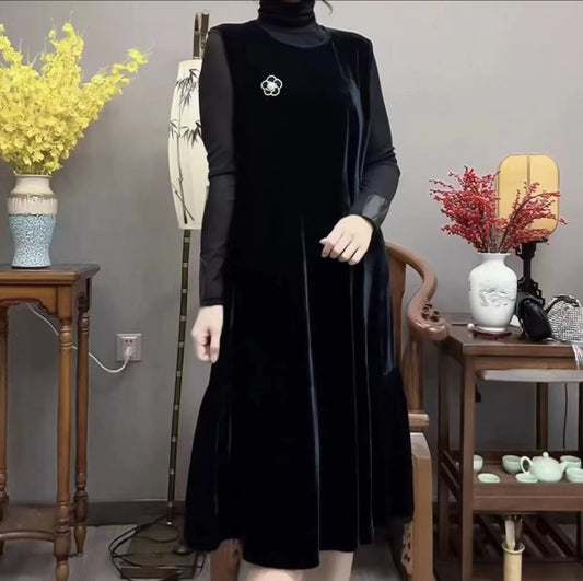 Women's elegant gold velvet mid-length skirt