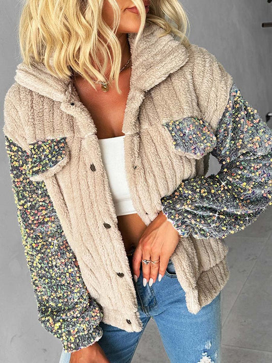 Turndown Collar Sequin Patchwork Jacket