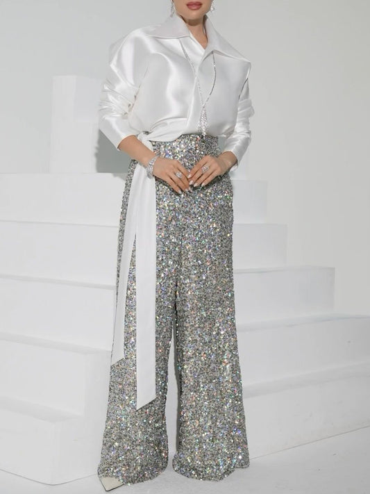 Sequin Lace Up Wide Leg Two Pieces Set