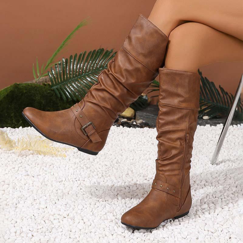 Studded Ruched Buckled Cowgirl Knight Boots