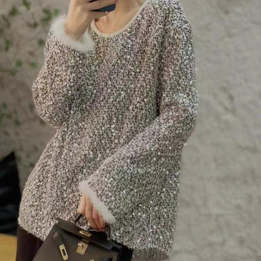 Women's furry top with sequin cuffs