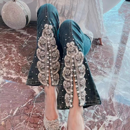 Diamond-embellished Sequin Slit Jeans