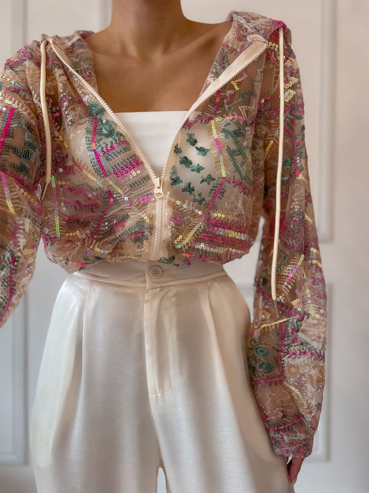 Sequined Mesh Hooded Sunscreen Jacket