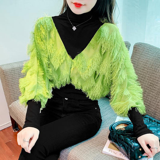 Half Turtleneck Fringed Knitted Jacket Top