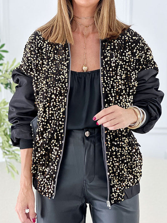 Sequin Patchwork Zip Up Bomber Jacket