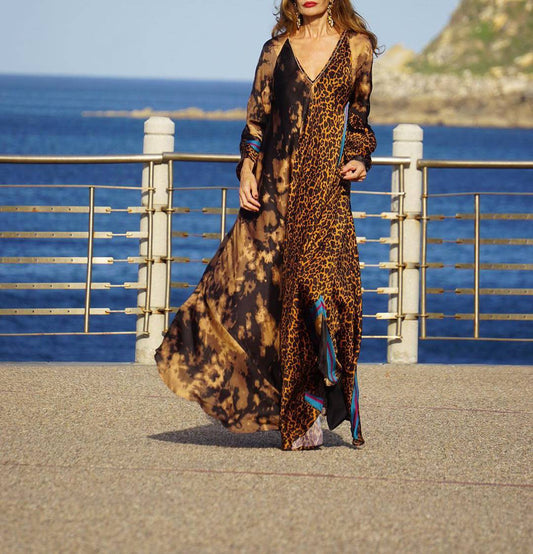 Women's V-neck Loose Leopard Print Long Skirt