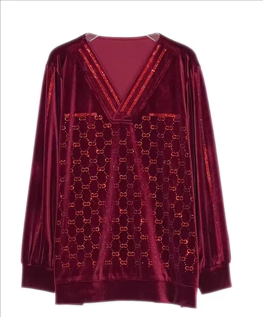 Red Velvet Rhinestone Sweater Top