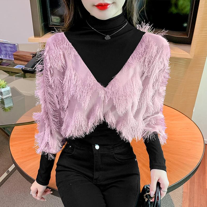 Half Turtleneck Fringed Knitted Jacket Top