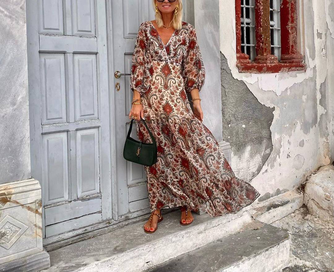 V-neck Dress Floral Women's Long Dress