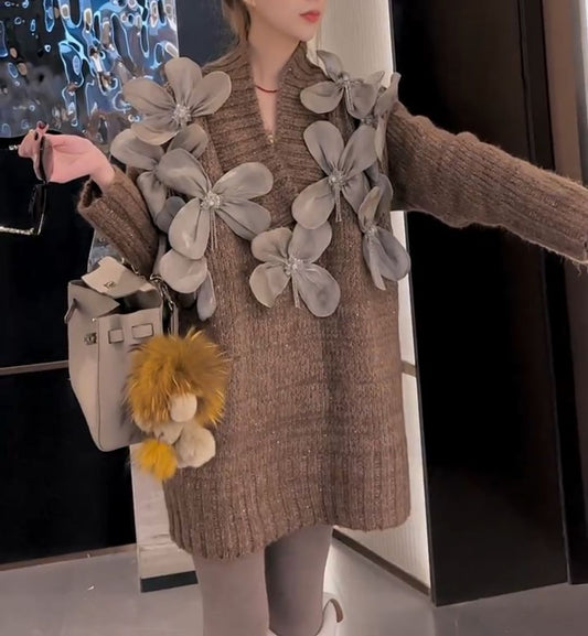 Women's Diamond-encrusted Three-dimensional Flower Sweater