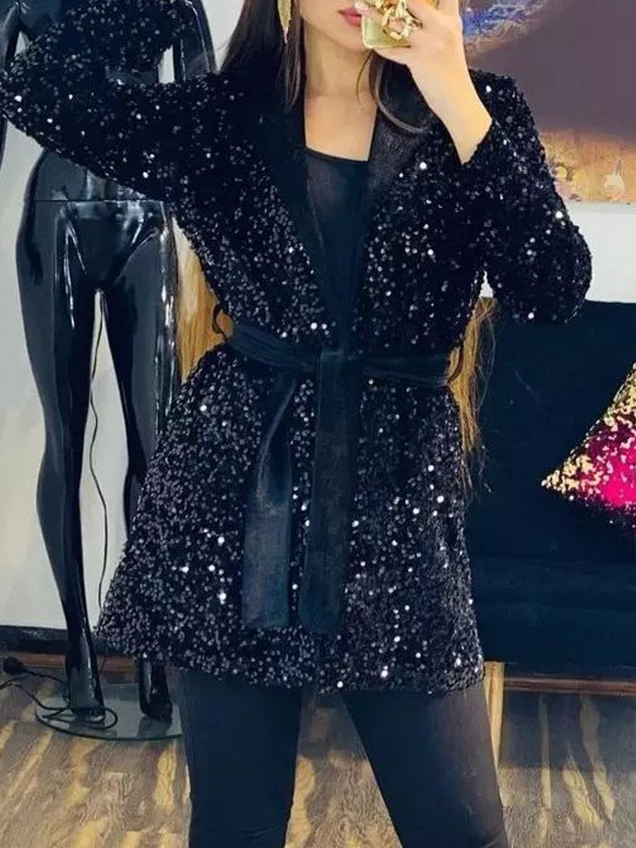 Hoodied Sequin Lace Up Coat