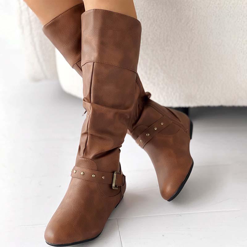 Studded Ruched Buckled Cowgirl Knight Boots