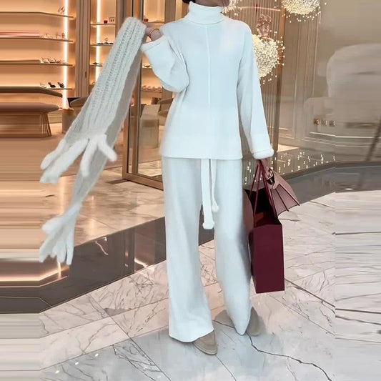 Solid color gentle style comfortable turtleneck sweater two-piece set