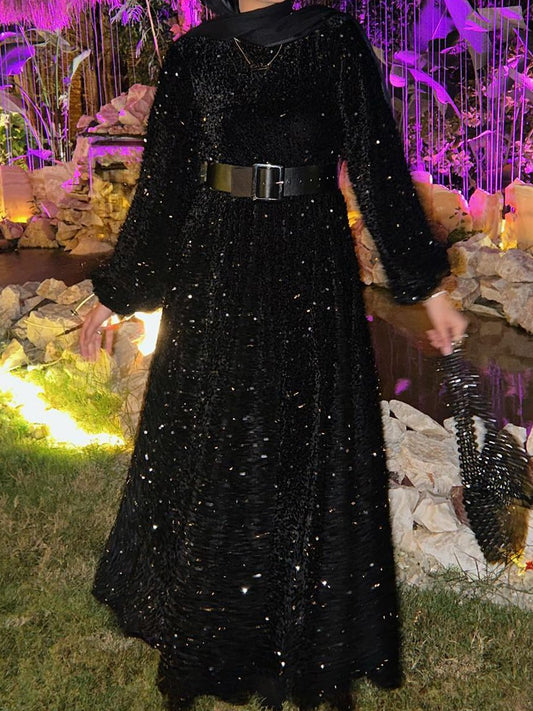 Round Neck Long Sleeve Sequin Dress