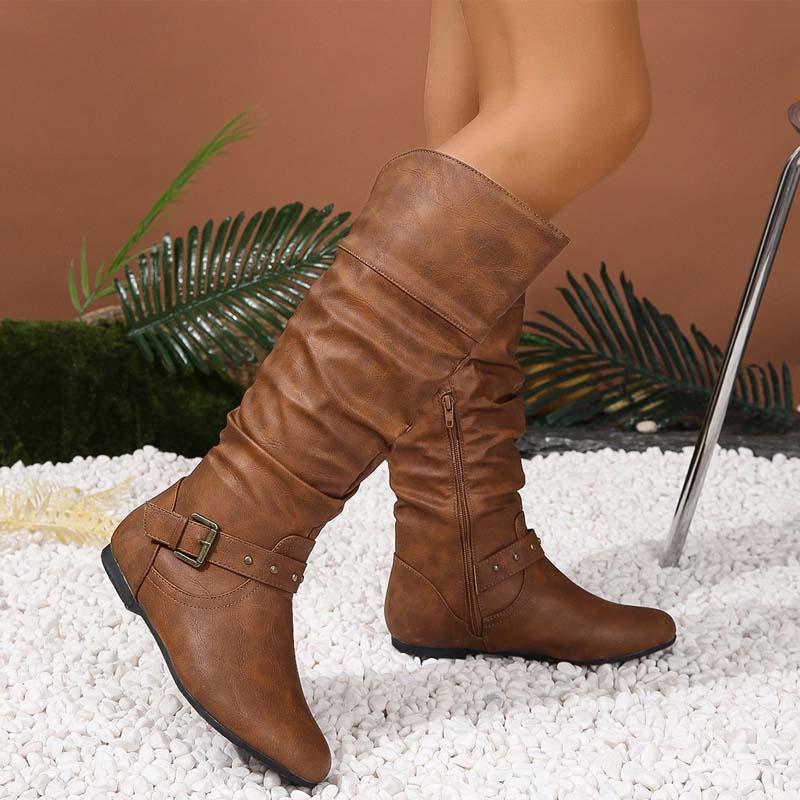 Studded Ruched Buckled Cowgirl Knight Boots