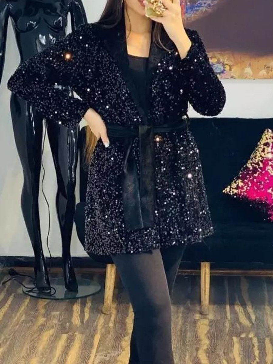 Hoodied Sequin Lace Up Coat