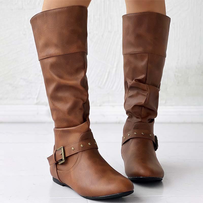 Studded Ruched Buckled Cowgirl Knight Boots