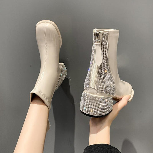 Thick Heel Rhinestone Versatile Slim Boots