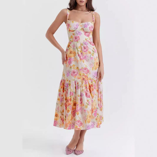 Wind strap solid color A-hem floral cake dress